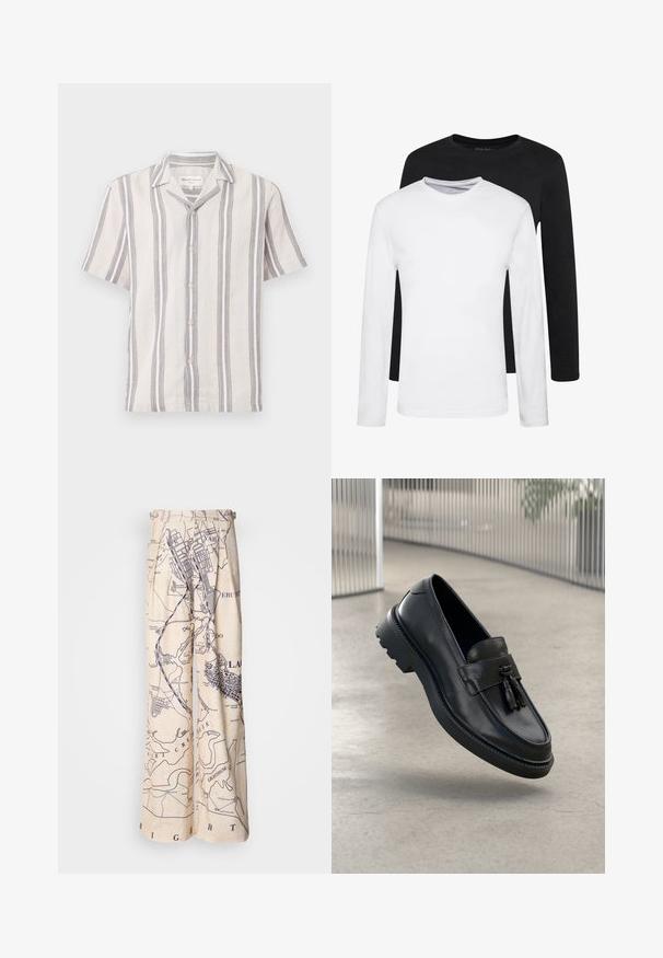 Rövid ujjú gombos ing világos bézs színű anyagból, sötét szürke csíkokkal, klasszikus gallérral és gyöngyházgombokkal.; Két hosszúujjú ing, egy fekete és egy fehér, pamutból készült, kerek nyakkivágással és sima textúrával, egymásra rakva bemutatva.; Bőszárú nadrág, tengerészkék térképmintával egy bézs háttéren, redőzött részletekkel a derékrészen és lazább szabással.; Fekete bőrből készült mokaszinok sima felülettel, díszes bojttal, vastag gumitalppal és varrott részletekkel. Könnyű és elegáns kialakítás.