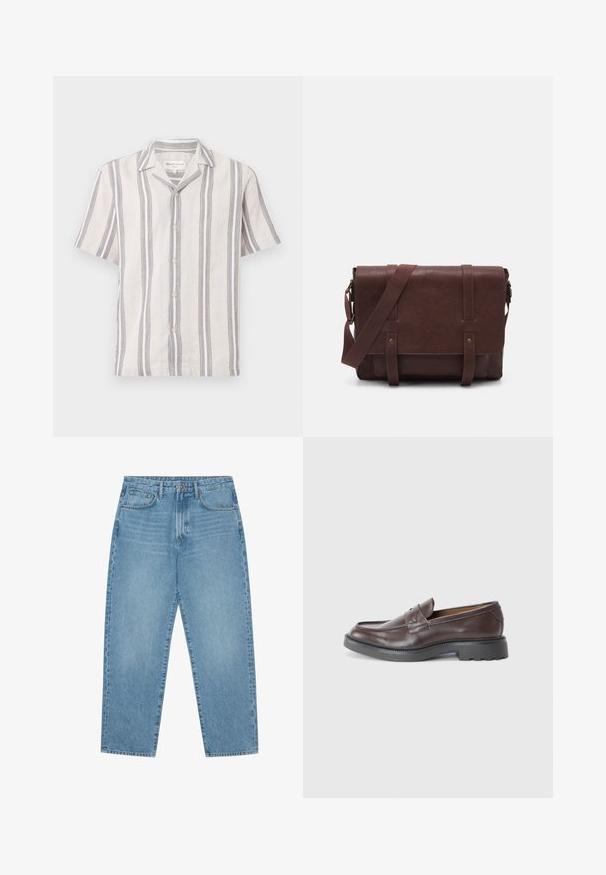 Camicia a maniche corte con bottoni in un tessuto beige chiaro a righe grigio scuro, con colletto classico e bottoni perlacei.; Jeans in denim azzurro chiaro con taglio a gamba dritta, design a cinque tasche e una texture leggermente slavata. Presentano una chiusura con bottone e zip.; Mocassini in pelle marrone con finitura liscia, punta arrotondata, cuciture minime e suola spessa in gomma nera. Nessun hardware o accenti visibili.; Borsa a tracolla in pelle marrone con un davanti piatto, due cinghie, dettagli in metallo dorato e una tracolla regolabile.