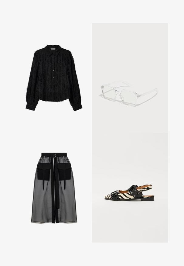 Black blouse with a textured, frayed design and long sleeves. Features a button-up front and a classic collar. Soft and lightweight fabric.; Black sheer skirt with a gathered waistband, featuring two large front pockets, a waist tie, and a circular metal accent.; Slingback sandals with a zebra-patterned upper in black and white, featuring black straps, metal hardware, and a flat sole.; Clear rectangular sunglasses with translucent frames, light green lenses, and subtle detailing on the arms. Lightweight design, modern shape.; Even&Odd Tote bag - black
