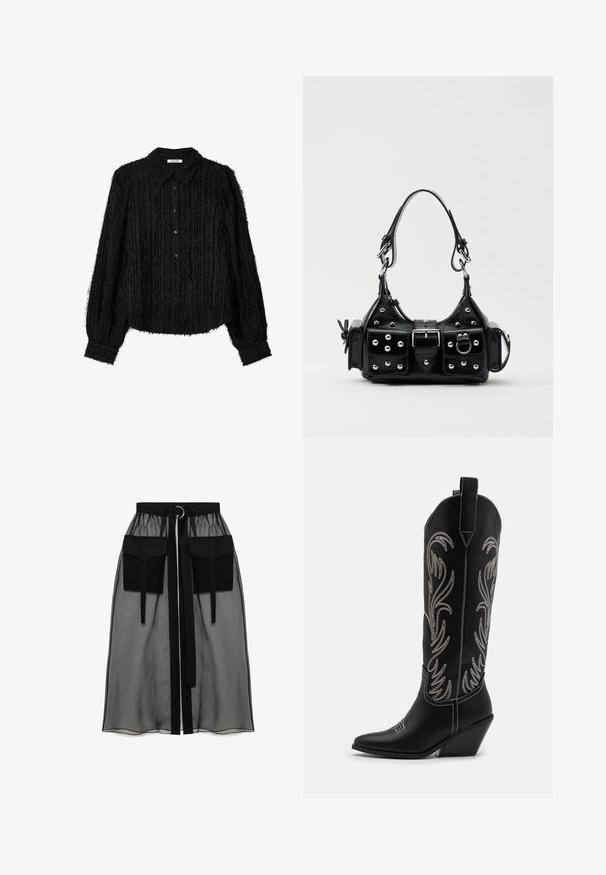 Melna blūze ar teksturētu, sadrupušu dizainu un garām piedurknēm. Ar pogām aizdaram priekšpusē un klasisku apkakli. Mīksta un viegla auduma.; Melnā caurspīdīgā svārka ar salikto jostasvietu, kas ietver divas lielas priekšējās kabatas, jostas saitīti un apaļu metāla akcentu.; Melnas ādas kovboju zābakus ar norādītām pirkstiem, sānām paceltu papēdi un sudraba izšūtām ziedu rakstiem gar zābaka kāju. Kontrasta dūrieni visā zābakā.; Melnas ādas rokturmais ar izliekumu, ar sudraba iedurtiem, sprādzi un divām sānu kabatām. Regulējams siksniņas garums dažādām nēsāšanas iespējām.