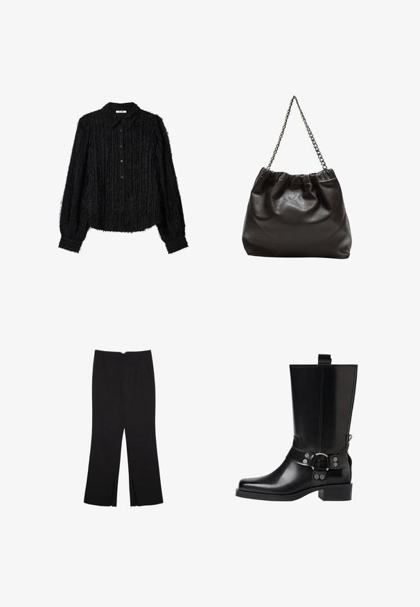 Czarna bluzka z teksturowanym, postrzępionym wzorem i długimi rękawami. Posiada zapięcie na guziki z przodu oraz klasyczny kołnierzyk. Wykonana z miękkiego i lekkiego materiału.; Czarne spodnie o prostym kroju, z przednimi kieszeniami i bocznymi rozcięciami na dole. Wykonane z miękkiego, gładkiego materiału. Odpowiednie na różne okazje.; Czarne skórzane buty za kolano z wydłużonym noskiem, srebrnymi akcentami w postaci klamr oraz masywnym obcasem. Posiadają pętelkę umożliwiającą łatwe zakładanie.; Brązowa skórzana torba z marszczonym szczytem i łańcuszkowym paskiem. Gładka tekstura z błyszczącym wykończeniem i subtelnymi detalami szwów po bokach.