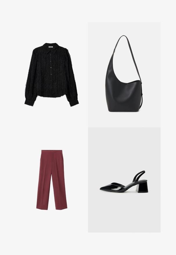 Zwarte blouse met een getextureerd, rafelig ontwerp en lange mouwen. Heeft een knoopsluiting aan de voorkant en een klassieke kraag. Van zacht en lichtgewicht stof.; Bordeaux brede broek met een zachte textuur, voorzien van zijzakken en een hoogtaille ontwerp. Strak gesneden met een nette voorplooi.; Zwarte gepatineerde leren slingback hakken met een spitse neus en een geometrische blokhak. Kenmerkt zich door een slank, minimalistisch ontwerp en een gladde textuur.; Zwarte leren hobo tas met een gladde textuur, kromme vorm en een enkele verstelbare schouderband; heeft een brede opening aan de bovenkant.