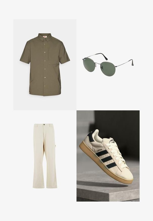 Lyhythihainen oliivinvihreä paita, joka on valmistettu sileästä kankaasta. Tässä paidassa on napillinen kaulus, etunapit ja rintatasku.; Valkoinen puuvillainen t-paita, jossa on lyhyet hihat, pyöreä kaula-aukko, rento istuvuus ja ei näkyviä logoja tai kuvioita. Sileä pinta ja minimaalinen muotoilu.; Beige, leveleinen housut, valmistettu puuvillasekoitekankaasta, napillinen suljenta. Varustettu sivutaskuilla ja hienovaraisella pinnalla. Saumakuviointi näkyvissä.; Beige mokkanahka lenkkarit, joissa on kolme tummansinistä raitaa, valkoiset nauhat ja vaaleanruskea kumipohja. Kengissä on logo kielessä ja "CAMPUS"-teksti.; Aurinkolasit metallikehyksillä, joissa on soikeat vihreät linssit. Ohut hopeinen metallikehys ja mustat korvapehmusteet. Minimalistinen muotoilu, ei näkyviä logoja.