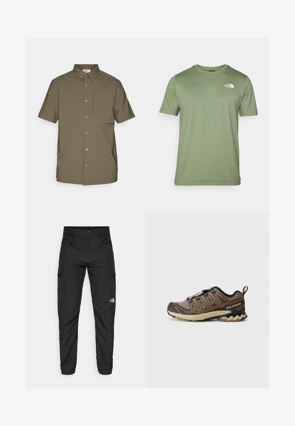 Kortermet olivengrønn skjorte laget av glatt stoff, med krage som kan kneppes ned, frontknapper og brystlomme.; Oliven grønn t-skjorte med korte ermer laget av myk stoff. Har rund hals og en hvit logo på venstre bryst. Glatt tekstur hele veien.; The North Face HORIZON PANT - Friluftsbukser - black; Brune og svarte sportssko med mesh-overdel, gummitåhette og teksturert såle. Har et hurtiglisse-system og polstret krage.