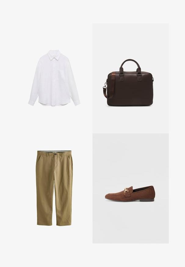 Camisa blanca de manga larga hecha de una tela ligera, con un cierre de botones en la parte delantera, cuello y un solo bolsillo en el pecho. Textura suave.; Chinos caqui fabricados en mezcla de algodón, con dos bolsillos laterales, cierre de botón, piernas rectas y una textura suave.; Mocasines de ante marrón con un acento de herrajes en tono dorado, punta en forma de almendra y tacón bajo. Cuenta con detalles de costura en la parte superior.; Bolso de cuero marrón para portátil con una superficie texturizada, dos asas superiores, correa ajustable y dos hebillas en el frente para un detalle adicional.