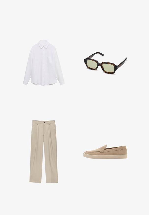 Camicia bianca a maniche lunghe realizzata in tessuto leggero, con chiusura a bottoni sul davanti, colletto e una singola tasca sul petto. Texture liscia.; Pantaloni beige a taglio dritto, con un solo bottone nero, passanti per la cintura e tasche laterali. Tessuto dalla texture liscia e design minimale.; Scarpa slip-on in suede beige con punta arrotondata e dettagli cuciti. Suola in gomma chiara con design a profilo basso.; Occhiali da sole tartarugati con lenti verdi, forma rettangolare, montatura ampia e finitura liscia. Dettagli sulle tempie.