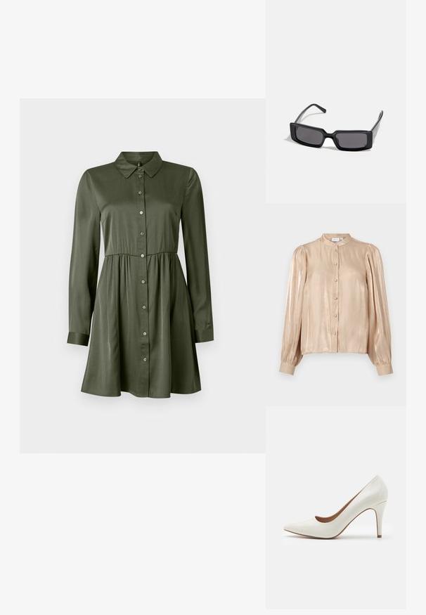 VILA VISEANEEN - Košilová halenka - feather gray; Kostýmové šaty s dlouhým rukávem v olivově zelené barvě, s vypasovaným pasem a límečkem, mírně rozšířenou sukní a manžetovými rukávy.; Bílé lakované kožené lodičky na vysokém podpatku s špičatou špičkou a hladkým povrchem, vybavené štíhlým podpatkem a nízkým střihem kolem otvoru.; Černé sluneční brýle s obdélníkovým rámem, tmavými čočkami a hladkým lesklým povrchem. Mají tenké nožičky s jemným logem na boku.; Kabelka na zápěstí Michael Kors v béžové potažené plátno s opakujícím se vzorem loga MK, zlatými kovovými doplňky a odnímatelným řetízkovým popruhem.
