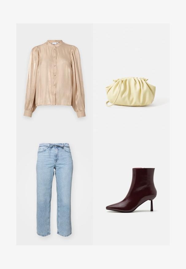 VILA VISEANEEN - Paitapusero - feather gray; Vaaleansiniset farkut, joissa on rento suora lahkeen leikkaus, viisi taskua ja vyötärö vyölenkeillä. Kulunut viimeistely ja hienovarainen haalistuminen.; Burgundi kiiltävä nahkainen nilkkasaapas, jossa on terävä kärki ja kapea korko, joka esitellään sileällä, kiiltävällä pinnalla ja minimalistisella suunnittelulla.; Keltainen pleidattu käsilaukku, joka on valmistettu sileästä keinonahasta. Laukussa on pehmeä muoto, yksittäinen olkahihna ja rypytetty yläosa.; Kultaiset rengaskorvakorut, ohuet ja pyöreät, joissa on sileä metallipinta ilman koristeluja tai kuvioita.