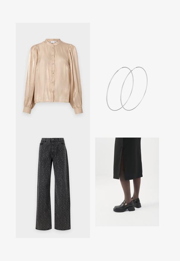VILA VISEANEEN - Nööpidega pluus - feather gray; Noisy May NMJANNEL LOOSE - Avar lõikega teksad - black denim; Mustad mustad jalatsid ümmarguse varbaga, paksu plokkniidi ja elastsete külgdetailidega, kombineeritud tumedate sukkade ja musta lõhikuga seelikuga.; Hõbedased rõngastikkaehingad minimalistlikus disainis. Ümar kuju, sile tekstuur ja õhuke profiil. Kerged ning poleeritud viimistlusega.