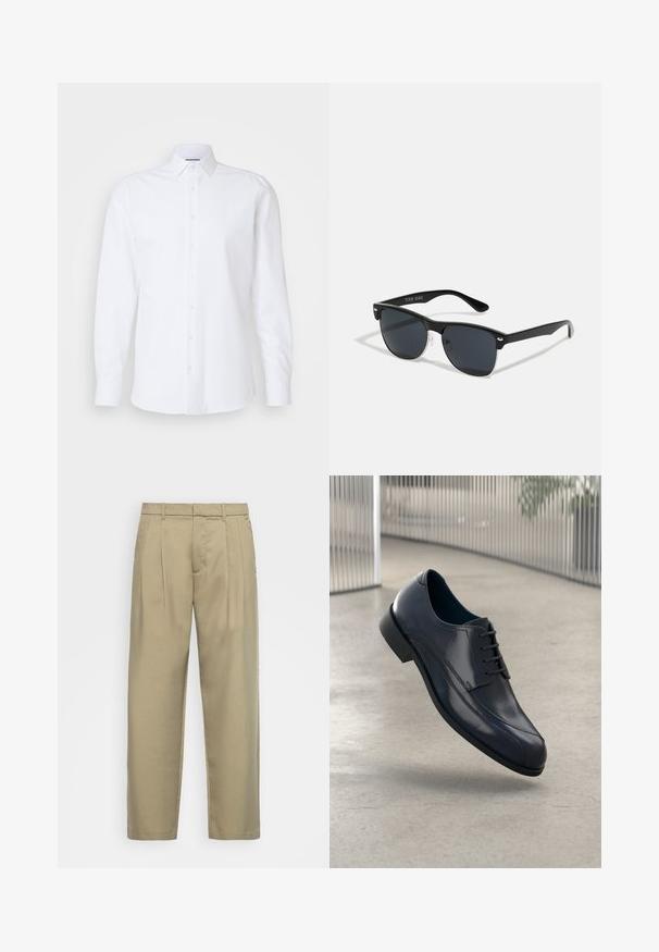 Valge pika varrukaga nööpidega särk, mis on valmistatud siledast puuvillast. Omab klassikalist kaelust, esipaneeli nööbid ja sirget äärt.; Beežid, kõrge vöökoht ja sirge lõikega püksid, millel on lame esiosa, küljetaskud ja sile, tekstuuriga kangas.; Läike must nahkne king, millel on paelad, hõljuv siledate heledate halli põranda kohal ning taustal vertikaalsed metallist vardad.; Mustad mustmikrooni kujuga mustad prillid, tumedate klaasidega, hõbedased detailid templite juures ja mati viimistlusega raam.