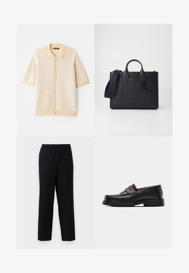 Béžová polokošeľa s krátkym rukávom, s textúrovaným pleteným vzorom a zapínaním na gombíky. Disponuje pevným golierom a kontrastnými akcentmi.; Čierne nohavice s elastickým pásom, rovný strih a hladká, ľahká tkanina. Žiadne viditeľné vrecká ani vzory.; Čierne kožené mokasíny majú vystúpený šev, dve dekoratívne pásky na vrchu a hrubú textúrovanú podrážku pre lepšiu priľnavosť.; Tmavomodrá kožená aktovka s dvoma hornými uchami a odnímateľným popruhom. Disponuje textúrovaným povrchom, vertikálnym prešívaním a detailom loga.