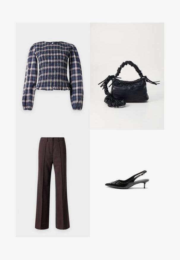 Navy blue plaid long-sleeve blouse with smocked bodice and gathered cuffs, featuring a small keyhole button closure at the back neckline.; Wide-leg trousers in dark brown fabric feature a tailored design with front pleats and a smooth texture, suitable for formal occasions.; Black leather slingback heels with a pointed toe, small kitten heel, and a decorative knot detail on the front. Smooth texture throughout.; Black faux leather handbag with a crocodile texture, cinched top, and a scrunched strap. Appears soft and compact in design.