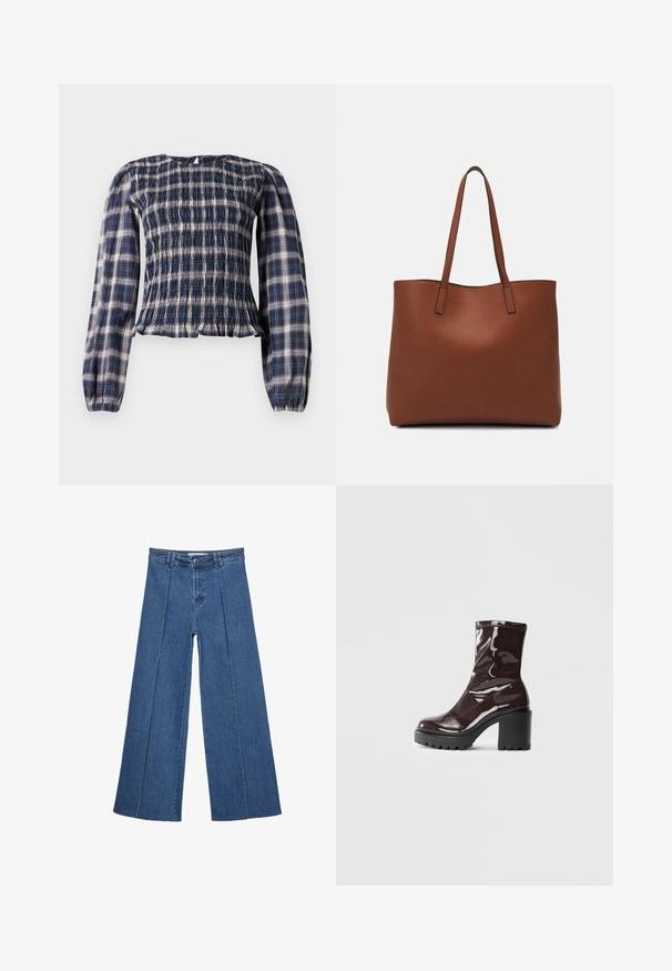 Marineblaue karierte Bluse mit langen Ärmeln, smocktem Oberteil und gerafften Manschetten, ausgestattet mit einer kleinen Schlüsselöffnung und Knopfverschluss am hinteren Halsausschnitt.; Weite Jeans aus Denim in Mittelblau, mit hoher Taille, Knopfverschluss und kontrastierenden vertikalen Nahtdetails an der Vorderseite.; Glatte bordeauxrote Ankle Boots mit einem klobigen schwarzen Absatz, die eine glatte Oberfläche und ein einfaches Design aufweisen. Keine sichtbaren Verschlüsse oder Muster.; Braune Leder-Tote mit glatter Textur, offenem Oberteil und zwei Schulterriemen. Verfügt über minimale Nähte und keine sichtbaren Beschläge.