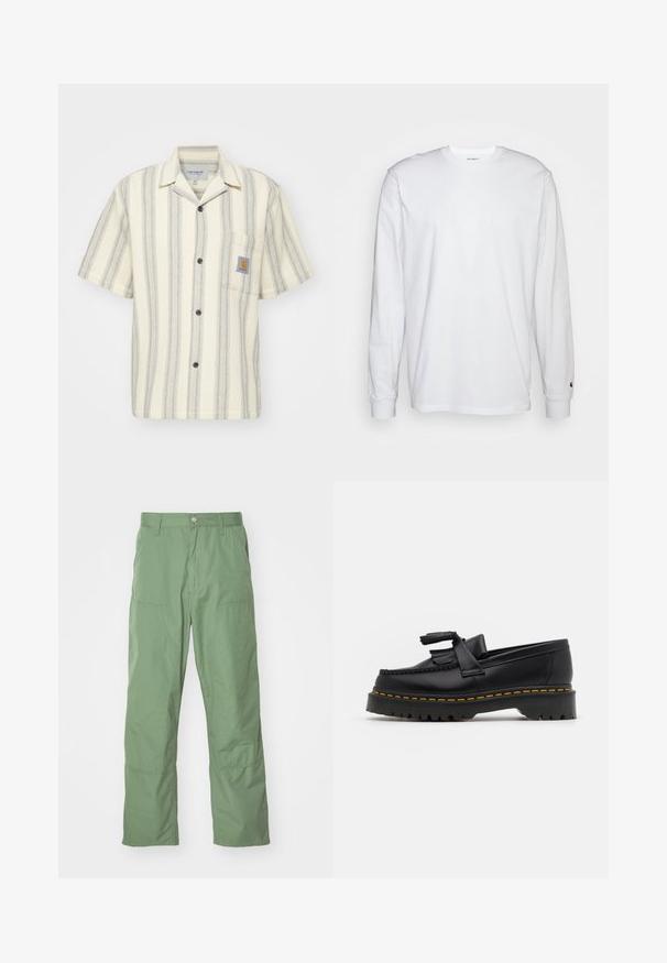 Carhartt WIP DODSON - Hemd - natural; Weißes Langarm-T-Shirt aus Baumwolle. Rundhals-Design mit gerippten Bündchen und kleinem Logo auf dem linken Ärmel. Glatte Textur.; Hellgrüne, lässige Hose mit glatter Textur, ausgestattet mit Seitentaschen und sichtbaren Nähten. Vollständig lang mit geradem Bein.; Schwarze Lederloafers mit einem fransenverzierten Akzent, ausgestattet mit einer robusten schwarzen Sohle und gelber Naht entlang der Kante. Texturierte Oberfläche.