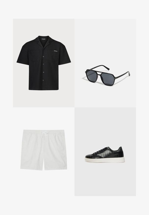 Juoda trumpomis rankovėmis marškinėlių, pagamintų iš tekstūruoto audinio, su dviem priekinėmis kišenėmis, apykaklės iškirpimu ir priekiniais mygtukais. Logotipas kairiajame krūtinės pusėje.; Balti medvilniniai šortai su elastinga juostos juosta ir raišteliu, turi dvi šonines kišenes ir švarias linijas, siūlantys paprastą dizainą.; Juodi sportiniai batai su tekstūruotu krokodilo odos pamušalu, apvalia kojų dalimi ir kontrastinga balta guma su lygiu paviršiumi.; Juodos akiniai nuo saulės su aštuonkampiu rėmeliu, tamsiais objektyvais, blizgiu paviršiumi, plonomis šakutėmis ir auksinėmis akcentais priekyje.