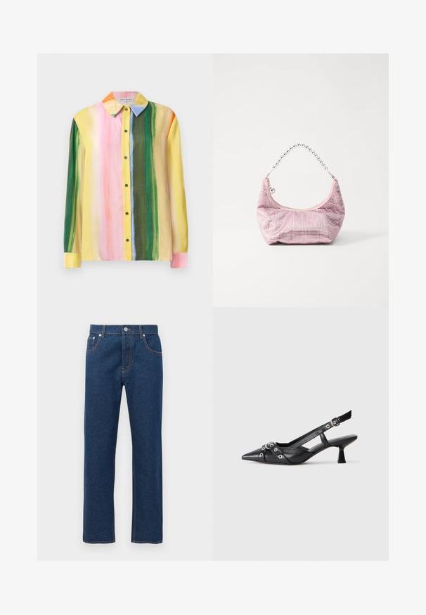 Šarena bluzica dugih rukava s vertikalnim prugama u ružičastoj, žutoj, zelenoj i narančastoj boji. Izrađena od glatkog materijala s ovratnikom i prednjim kopčanjem na dugmadi.; Ravne tamnoplave traperice s prednjim i stražnjim džepovima, petljama za remen, kopčanjem na dugme i vidljivim narančastim šavovima.; Crne kožne cipele s remenom oko pete, s izduženim vrhom, dekorativnim trakama s metalnim rupama i niskom blok petom. Teksturirana površina.; Ružičasta mrežasta torbica za ruke sa zaobljenim oblikom, koja sadrži srebrni lanac za držanje i suptilni sjaj, prikazujući teksturiranu površinu.