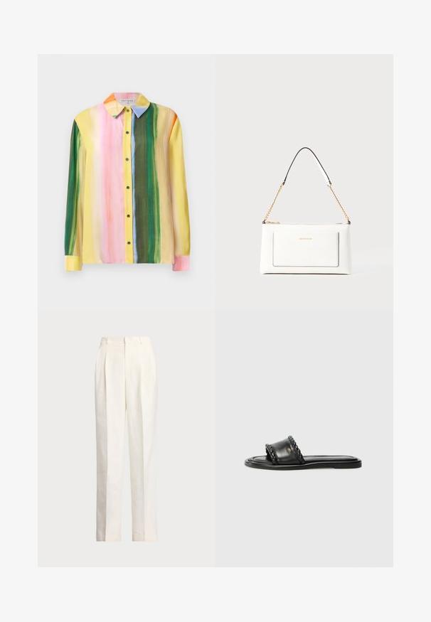 Farbige Langarmbluse mit vertikalen Streifen in Pink, Gelb, Grün und Orange. Aus glattem Stoff mit Kragen und Knopfleiste.; Polo Ralph Lauren HEMP WIDE LEG PANT - Stoffhose - nevis; Schwarze Ledersandale mit einem gewebten Riemen-Detail, flacher Sohle und schlankem Design. Glatte Textur und minimalistisches Profil.; Weißes Lederhandtasche mit strukturierter Oberfläche, ausgestattet mit einem goldenen Kettenriemen und schwarzen Akzenten. Enthält eine Fronttasche und einen Reißverschluss.