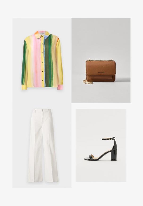 Colorful long-sleeve blouse featuring vertical stripes in pink, yellow, green, and orange. Made of smooth fabric with a collared neck and button front.; White wide-leg trousers made from cotton with a smooth texture. Features a front button, zipper fly, and four-pocket design.; Black patent leather sandal with a wide heel, open toe, and ankle strap featuring a gold buckle. Smooth texture and sleek design.; Brown textured leather crossbody bag with gold chain strap and flap closure. Front features logo detail and a pocket under the flap.