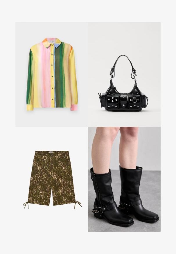Kolorowa bluzka z długim rękawem z pionowymi paskami w kolorze różowym, żółtym, zielonym i pomarańczowym. Wykonana z gładkiego materiału, z kołnierzykiem i zapięciem na guziki.; Szorty w kamuflażowy wzór w odcieniach zieleni i brązu, wykonane z lekkiego materiału, z bocznymi kieszeniami i regulowanymi wiązaniami na końcu.; Czarne skórzane kozaki do kolan z kwadratowym noskiem, bocznym zamkiem błyskawicznym i regulowanym paskiem z metalowym akcentem w postaci łańcucha. Matowe wykończenie i solidna podeszwa.; Czarna skórzana torebka w zakrzywionym kształcie, z srebrnymi ćwiekami, klamrą i dwoma bocznymi kieszeniami. Regulowany pasek umożliwiający różne opcje noszenia.