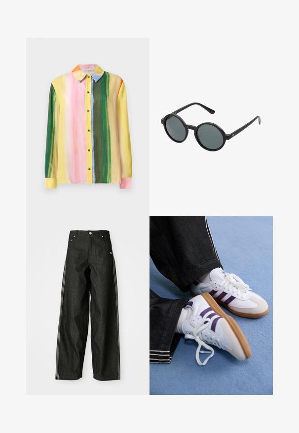 Färgglad långärmad blus med vertikala ränder i rosa, gult, grönt och orange. Gjord av mjukt tyg med krage och knäppt fram.; Svarta denim vidbenade byxor med vita sidostripes, med framfickor, knappstängning och en diskret logotyp nära midjan.; Vita idrottsskor med lila ränder och bruna gummisulor, med runda snören och en vadderad krage. Bärs med mörka jeans.; Runda solglasögon med en svart plastbåge och mörkgrå linser. Har tunna, raka skalmar med minimalistiska detaljer.