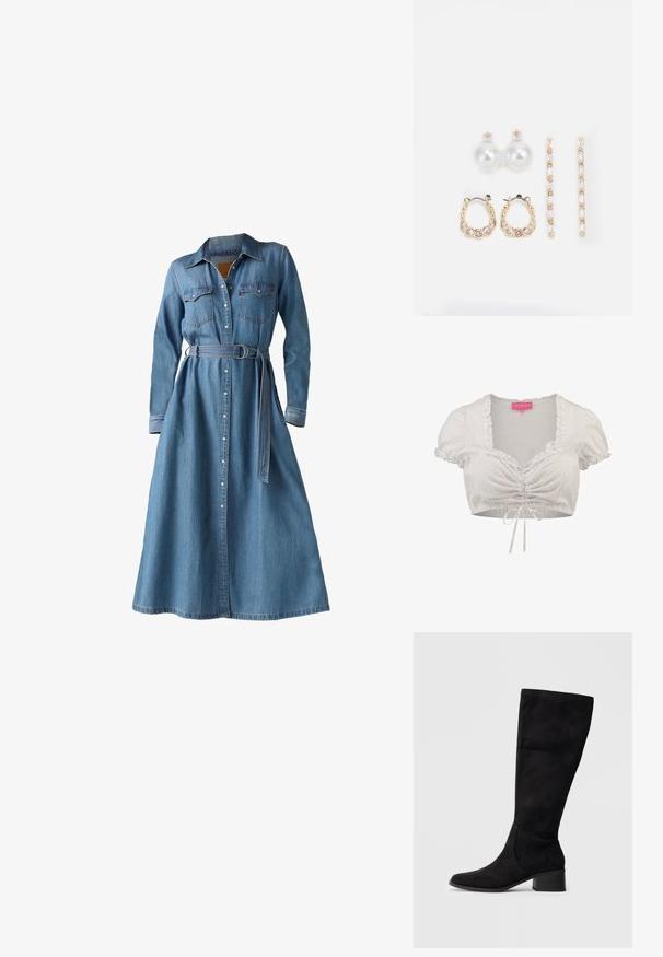 Top blanco corto con mangas abullonadas, tejido texturizado, escote fruncido y detalle de lazo en la parte delantera, con un patrón de lunares en toda su superficie.; Vestido de camisa de denim con manga larga, botón al frente, dos bolsillos en el pecho, cintura con cinturón y aberturas laterales, en azul claro con una textura suave.; Botas negras hasta la rodilla hechas de un material similar a ante, con puntera puntiaguda y tacón cuadrado. El detalle en las costuras en el lateral realza la forma.; Bolso de mano de imitación cocodrilo amarillo con un diseño estructurado, asa superior, correa de cadena desmontable y embellecimiento de cristal decorativo en el cierre.; Tres pares de pendientes: grandes aretes de perlas blancas, aros de oro con piedras preciosas transparentes, y dos pendientes largos y rectos de oro con detalles brillantes.