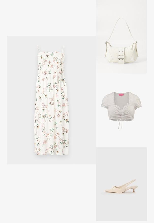 Valge lühike topp puffkäistega, tekstuuriga kangast, volangidega kaeluses ja ees olevate sidumiste detailidega, millel on kogu pinnal täpiline muster.; Lillelillatega spagetimoodiga maksikleit, millel on smockitud kehake; peal on rohelised ja roosad lilled valgel kangal. Pehme ja kerge materjal.; Kitsas varbaga ja avatud kannaosa valged nahast slingback kingad, kaunistatud väikese sõlme detailiga ja madala kitten kontsaga. Sile tekstuur, minimalistlik kujundus.; Valge õlakott tekstuuriga viimistlusega, keskel kinnitatud pandlaga ja kõverate kujunditega. Tõmblukuga kinnitused mõlemal küljel.