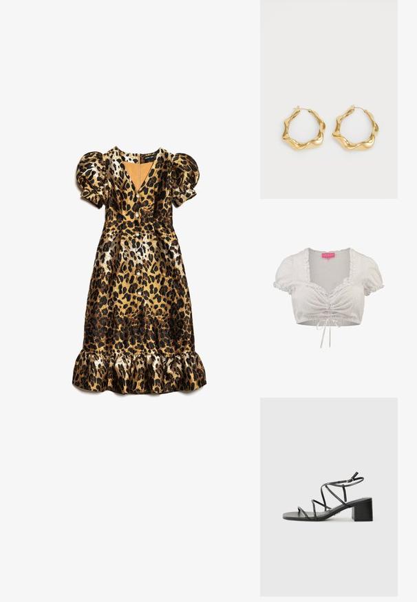 Bílý zkrácený top s puffovými rukávy, texturovanou tkaninou, volánkovým výstřihem a detailním vázáním vpředu, s celoplošným puntíkovaným vzorem.; Šaty s leopardím vzorem, s krátkými vyp puffovanými rukávy, V-výstřihem, zapínáním na knoflíky a volánkovým lemem. Vyrobené z lesklé látky v zlatých a černých tónech.; Černé sandály na podpatku se čtveratou špičkou a masivním podpatkem, vyrobené z hladkého materiálu. Mají nastavitelné pásky kolem kotníků a minimální kovové prvky.; Zlaté kruhové náušnice s vlnitým texturovaným designem. Mají tenké drátové zapínání a lesklý, reflexní povrch.