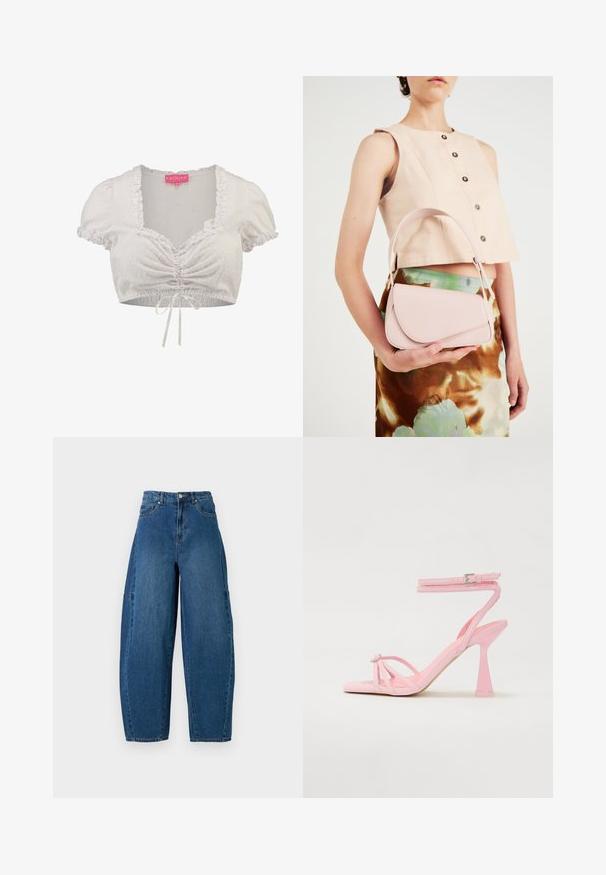 Bela skrajšana majica s pufastimi rokavi, teksturiran material, nabran ovratnik in podrobnost z vezanjem spredaj, ki vsebuje vzorec pik.; Jeans iz denima v srednjem modrem pranju, z visokim pasom, širokim krojem nogavic in standardnim pet-imenskim dizajnom s vidnimi šivi.; Roza natikače na peto z naramnicami in sponko okoli gležnja. Vsebuje dekorativni element na prstu in sodoben, zožen oblikovan peto.; Roza usnjena torbica s ukrivljenim poklopcem, enim naramnim trakom in čistimi linijami. Torbica se ponaša z gladko teksturo in minimalističnim dizajnom.
