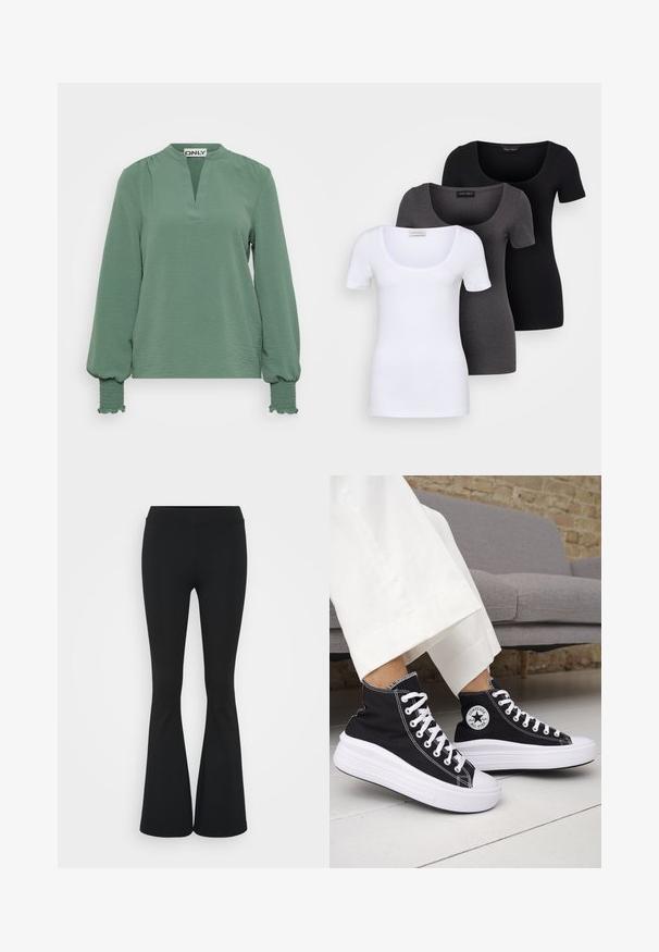 Langærmet grøn bluse med en skarp halsudskæring, struktureret stof og indsamlede ærmer med smocked-detaljer ved manchetterne.; Tre tætsiddende T-shirts i hvid, grå og sort. Hver af dem har en bred scoop-udskæring og korte ærmer. Fremstillet af glat, strækbart stof.; Sorte flagrende bukser lavet af strækbart stof, med en høj talje og en glat tekstur. Bukserne flared fra knæet.; Sorte sneakers med højt skaft, hvide gummisåler og snørebånd. Har en rund logo-patch og kontrasterende hvide syninger. Fremstillet af lærredsmateriale.