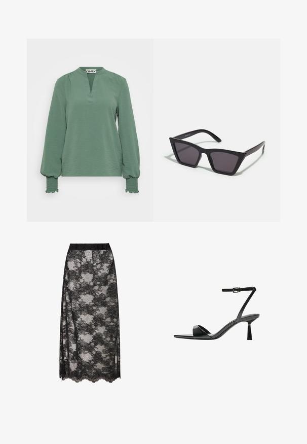 Zelená blúzka s dlhým rukávom a výstrihom s rázštepom, textúrovaná látka a nariasené rukávy s guľatými detailmi na manžetách.; Čierny rebrovaný rolák, krátke rukávy, priliehavý strih, jemná textura, minimálne švy a vysoký golier.; Čierna čipkovaná sukňa so zvlneným lemom, s kvetinovým vzorom a priesvitnou textúrou. Elastický pás pre pohodlné nosenie.; Bershka Sandále na vysokom opätku - black; Čierne, ostré slnečné okuliare so sivými sklami; vyrobené z plastu, majú hrubé ramená s hladkým povrchom a bez viditeľnej mechaniky.; Čierna kožená kabelka s guľatým, tvarovaným dizajnom, vybavená zlatým zámkom a jedným nastaviteľným popruhom. Hladká textúra.