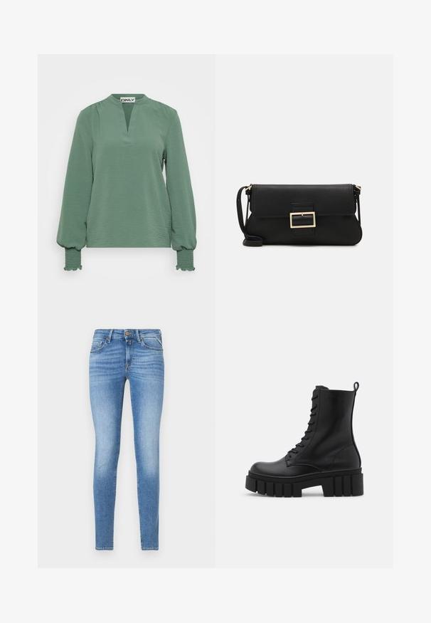 Žalia ilgomis rankovėmis palaidinė su išpjovimu ant kaklo, tekstūruota medžiaga ir surinktomis rankovėmis, puoštomis smukintais akcentais ant rankogalių.; Lieknas, šviesiai mėlynas džinsinis kelnes, vidutinio aukščio juosmuo, priekinis mygtukas ir penkių kišenių dizainas.; Juodos odinės kulkšnės botai su masyviu, dantytu padu, raištelių užsegimu priekyje ir kilpeliu ant sklandaus balto fono.; Juodas odinis dėkliukas su atvarteliu ir auksinės metalinės sagties detalėmis. Įeina juodas diržas ir elegantiškas, minimalistinis dizainas.; Aukso auskarai su lygiu, blizgiu paviršiumi. Apvalus dizainas su maža užrakto dalimi ir skaidria atrama saugiam nešiojimui.