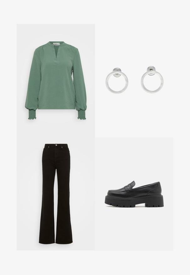 Langärmlige grüne Bluse mit einem Ausschnitt in V-Form, strukturiertem Stoff und gerafften Ärmeln mit gesmokten Akzenten an den Bündchen.; Hoch taillierte schwarze Schlagjeans aus Denim, mit Knopfverschluss, seitlichen Taschen und glatter Textur.; Schwarze Lederloafers mit einer niedrigen, dicke Gummisohle, gesteppten Details im Obermaterial und einer glatten Textur.; Silberne Metall-Hoops Ohrringe mit gebürsteter Oberfläche, die ein kreisförmiges Design aufweisen und mit einem klaren Steckverschluss für einen sicheren Halt ausgestattet sind.
