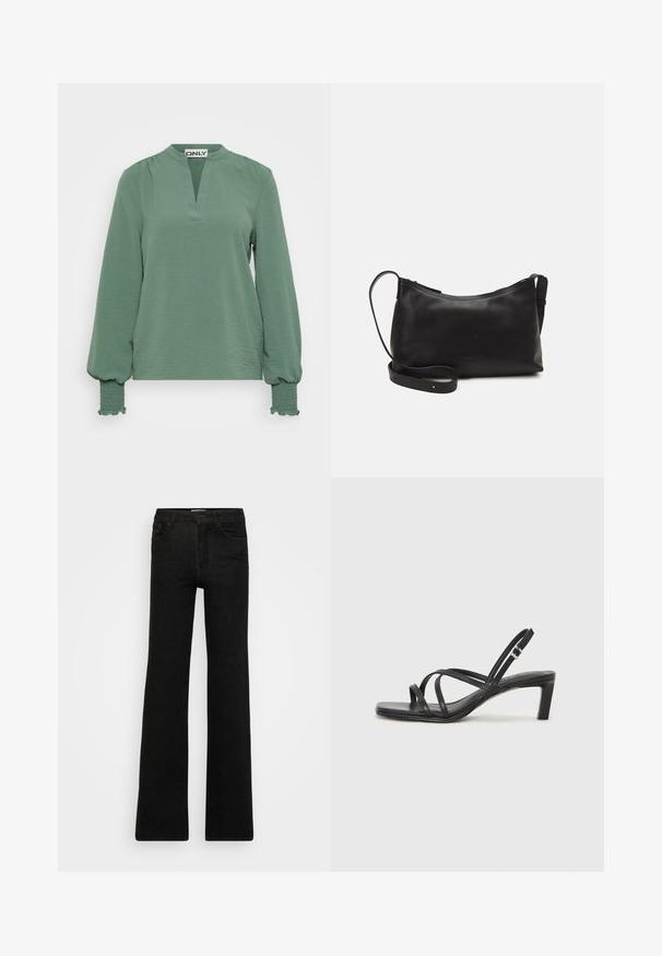 Zielona bluzka z długim rękawem, z dekoltem w serek, wykonana z fakturowanej tkaniny, z bufkami na rękawach, posiadająca smockowe akcenty na mankietach.; Czarne dżinsy w kształcie dzwonów, wykonane z denimu. Projekt zawiera dwie przednie kieszenie oraz zamek błyskawiczny, a także gładką, równą teksturę i czyste linie.; Czarne sandały na obcasie z prostokątnym noskiem i niskim słupkowym obcasem. Posiadają wiele cienkich pasków i regulowany pasek na kostkę. Wykonane z gładkiej skóry.; Czarna skórzana torba na ramię o gładkiej fakturze, zakrzywionym kształcie, regulowanym pasku i zapięciu na zamek. Minimalistyczny design bez zdobień.