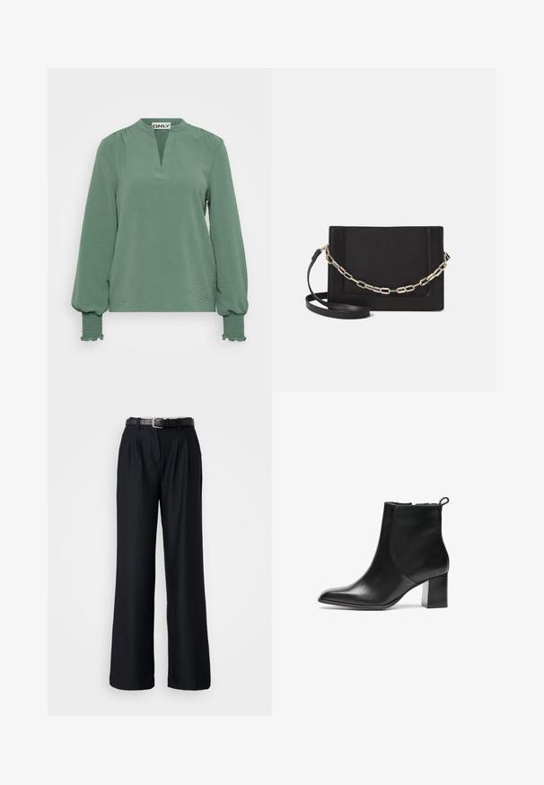 Long-sleeved green blouse with a notch neckline, textured fabric, and gathered sleeves featuring smocked accents at the cuffs.; Black wide-leg trousers made from smooth fabric, featuring front pleats and a matching black belt with a silver buckle.; Black leather ankle boot with a rounded toe, a mid-height block heel, and a pull tab at the back. Smooth texture, minimal design.; Black leather crossbody bag featuring a smooth texture, rectangular shape, and a metallic chain detail on the front. Adjustable strap included.