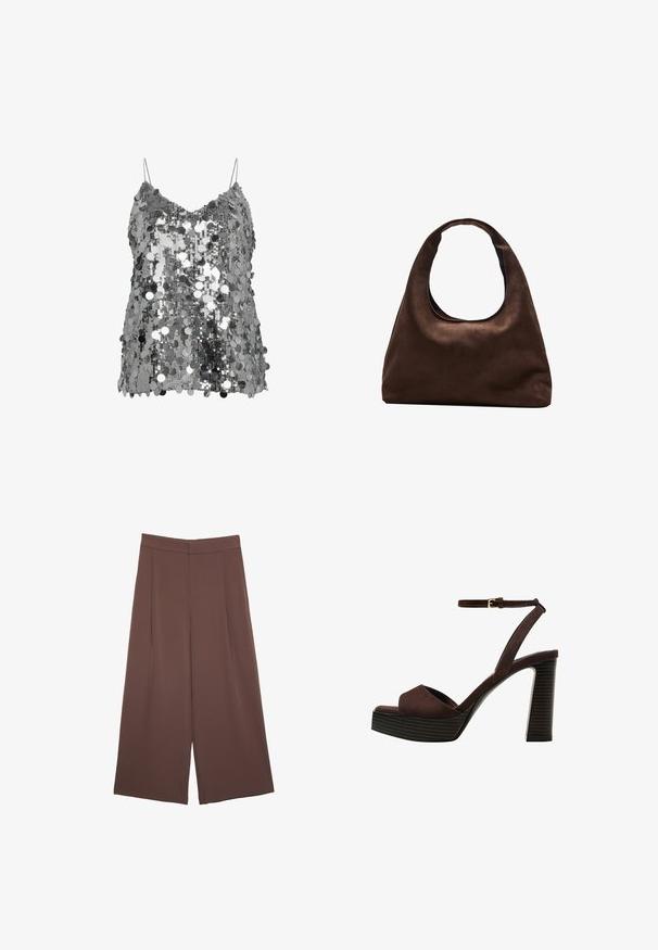 Top in satin con paillettes argentee con spalline sottili, caratterizzato da una vestibilità ampia e da una superficie lucida creata da paillettes circolari riflettenti.; Pantaloni ampi marroni con una texture liscia, caratterizzati da una vita alta e pieghe frontali. Il tessuto è leggero e scorre liberamente.; Sandal in camoscio marrone con tacco alto, punta aperta, cinturino alla caviglia regolabile e suola a piattaforma striata.; Borsa hobo di un morbido marrone con una sola tracolla larga e un'apertura a manico curvo, esposta su uno sfondo bianco.