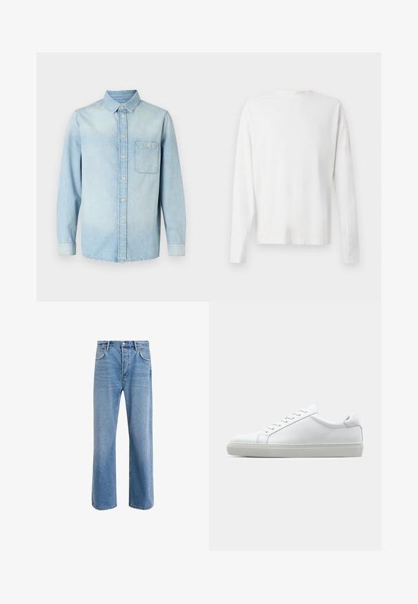 Camisa de mezclilla azul claro con mangas largas, cierre frontal de botones, cuello y un bolsillo en el pecho. Textura suave y diseño clásico.; Camisa de algodón blanca de manga larga con cuello redondo, aberturas laterales en la parte inferior y una textura suave, exhibida desde la parte de atrás.; Jeans de mezclilla azul claro con un diseño de pierna recta, cinco bolsillos, cierre de botón, ligeramente desgastados y detalles de costura en contraste.; Zapatilla blanca con parte superior de cuero liso y perfil bajo. Presenta una puntera redondeada, seis ojales y una suela de goma texturizada.