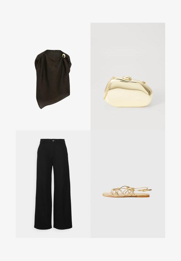 Brun linned poncho med asymmetrisk design og drapering. Har en guld cirkulær accentnål på skulderen. Letvægts tekstur.; Even&Odd Petite Bukser - black; Guld, stribet flad sandal med vævet design, justerbar ankelrem, glat metallisk finish og en simpel flad sål.; Metallic guld clutch med en glat, rund form, udstyret med en topknap-lås og et lille kædehåndtag til bæring.