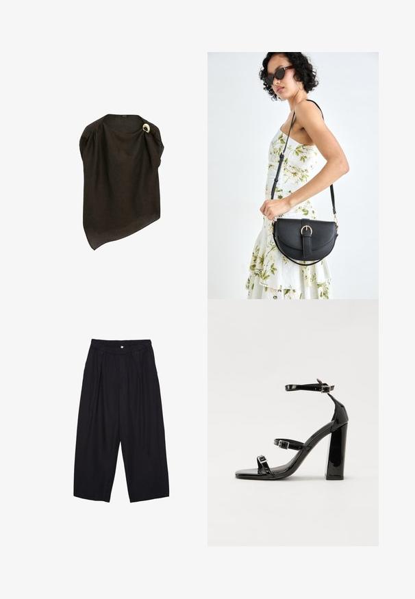 Poncho in lino marrone con design asimmetrico e drappeggio. Presenta una spilla di accentuazione circolare dorata sulla spalla. Tessuto leggero.; Pantaloni culotte neri in poliestere con una cintura elastica, due pieghe frontali e una silhouette ampia. Nessun motivo visibile o dettagli in metallo.; Sandali con tacco in vernice nera, con punta squadrata, cinturini alla caviglia e fibbie in argento. Presentano un tacco a blocco spesso per maggiore stabilità.; Borsa a tracolla nera in pelle con una forma curva, manico rimovibile e accessori dorati. La borsa presenta una patta con un dettaglio a fibbia.