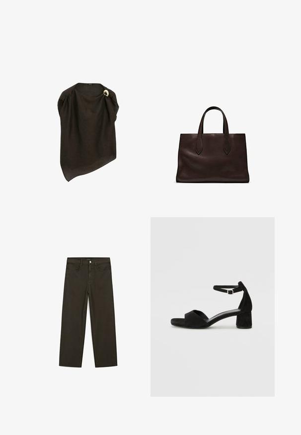 Hnědý lněný pončo s asymetrickým designem a drapérií. Obsahuje zlatou kruhovou ozdobnou brož na rameni. Lehká textilie.; Tmavě zelené široké džínsy vyrobené z bavlněné směsi, s předním zapínáním na knoflík, pěti kapsami a klasickým denimovým stehem.; Černé sametové sandály na podpatku s tenkým řemínkem kolem kotníku, otevřenou špičkou a skromným blokovým podpatkem. Hladká textura a minimální akcenty.; Hnědá kožená taška přes rameno s dvěma dlouhými uchy, strukturální obdélníkový tvar, hladká textura a jemné švy.