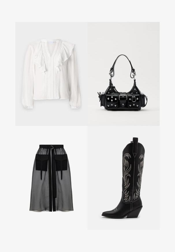 Bílé blůza s dlouhými rukávy, v výstřihem do V, s volánkovým designem a dekorativním vertikálním prošíváním na přední straně. Vyrobena z lehkého materiálu.; Černá průhledná sukně s nařaseným pasem, která má dvě velké přední kapsy, páskový uzávěr a kulatý kovový akcent.; Černé kožené kovbojské boty s špičatými špičkami, podpatky ve tvaru klínu a stříbrně vyšívanými květinovými vzory po celé délce. Kontrastní prošívání po celém obvodu.; Černá kožená kabelka s křivkovým designem, zdobená stříbrnými hřebíky, s přezkou a dvěma bočními kapsami. Nastavitelný popruh pro různé možnosti nošení.