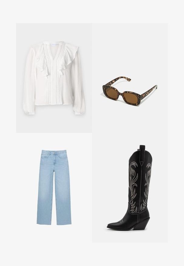 Fehér blúz hosszú ujjakkal, v-alakú nyakkivágással, fodros kialakítással és díszítő függőleges varrással az elején. Könnyű anyagból készült.; Világoskék, bő szabású farmernadrág, magas derekú, egyenes fazonú, öt zsebes kialakítással és letisztult szegéllyel.; Fekete bőr cowboy csizmák hegyes orral, wedge sarkakkal és ezüst hímzett virágmintákkal a szár mentén. Kontraszt varrás az egész csizmán.; Teknősbéka mintázatú napszemüveg kerek, vastag kerettel és barna lencsékkel. Finom mintázattal és egyenes, keskenyedő szárakkal rendelkezik.; Zign LEATHER - Bevásárlótáska - light brown