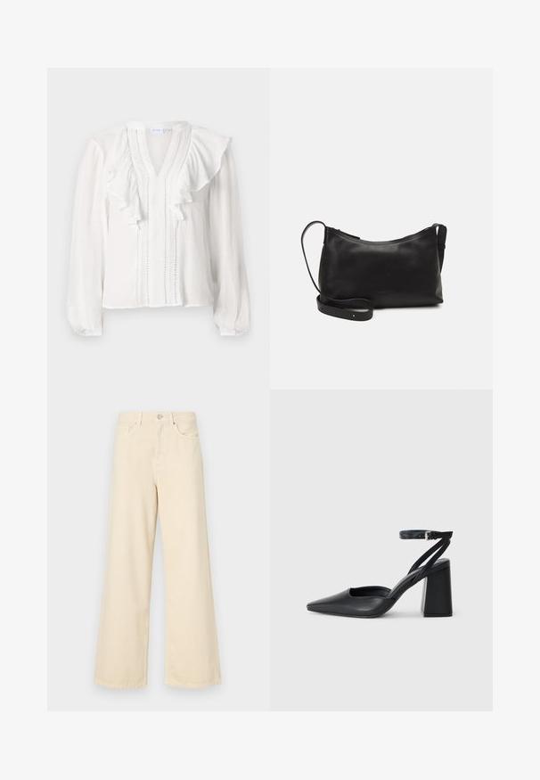 Balta palaidinė su ilgomis rankovėmis, V formos dekoltė, ornamentuota raukiniais bei dekoratyvinėmis vertikaliomis siūlėmis priekyje. Pagaminta iš lengvo audinio.; Bežinės plačios kojos džinsai, pagaminti iš medvilnės. Turintys sagos uždarymą, diržo kilpas ir priekinės kišenes su lygia, švelnia tekstūra.; Juoda odinė smailiagalė aukštakulnio bateliai su kulkšnies dirželiu ir storu kulnu. Lygus paviršius, elegantiškas dizainas ir minimalistiška estetinė. ; Juodas odinis petinis krepšys su lygiu paviršiumi, išlenkta forma, reguliuojama dirželiu ir užtrauktuku. Minimalistinis dizainas be puošmenų.