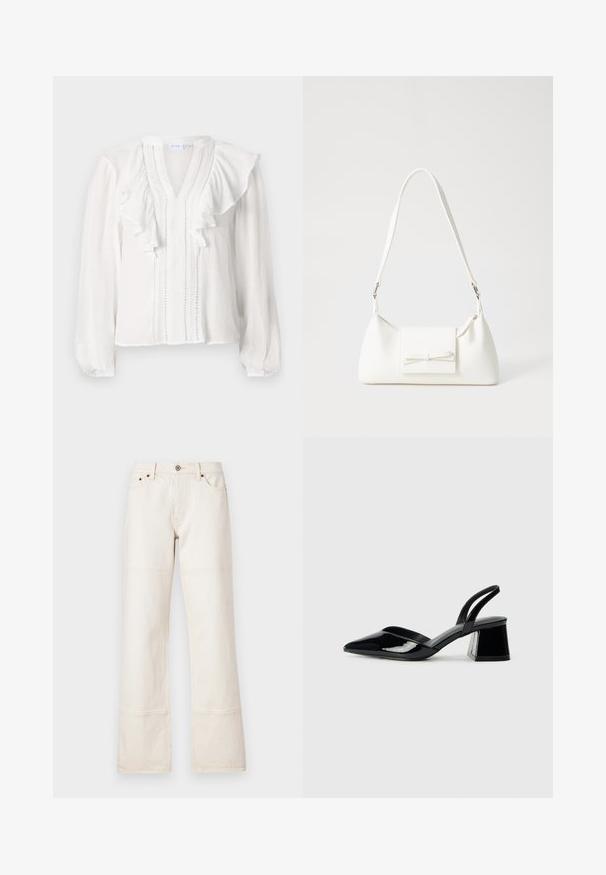 Blusa branca de mangas longas, decote em v, design plissado e costura vertical decorativa na frente. Feita de um tecido leve.; Calças de ganga de cintura alta e perna larga, feitas de denim bege. Apresentam bolsos, fecho de botão frontal e costuras em contraste ao longo das costuras.; Sandy em verniz preto com salto slingback, ponta afilada e salto geométrico. Apresenta um design elegante e minimalista com textura suave.; Mala sintética branca com formato triangular, aba frontal plana e detalhe de laço, alça ajustável, textura suave e design minimalista.