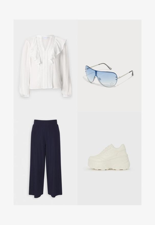 Blusa bianca con maniche lunghe, scollatura a V, design arricciato e cuciture verticali decorative lungo la parte anteriore. Realizzata in tessuto leggero.; Pantaloni a gamba larga in tessuto navy scuro con una texture a coste. Presentano una vita liscia e una silhouette fluida, che arriva a metà polpaccio.; Sneakers bianchi con piattaforma, caratterizzati da una parte superiore simile alla pelle liscia, forma arrotondata, collo imbottito e suola in gomma testurizzata con scanalature ben definite.; Occhiali da sole aviator con lenti blu sfumate, montatura in metallo argentato e decorazioni a forma di stella sulle lenti. Design liscio e sofisticato.