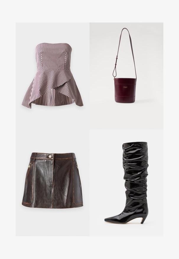 Bez plecu pepluma tops tumši sarkanā un krēmkrāsā svītrām, ar pieguļošu augšu un izplestu, slāņotu maliņu, lai pievienotu tekstūru.; Brūns ādas mini svārks ar elegantu dizainu, divām kabatām ar rāvējslēdzējiem sānos un kontrastējošiem šuvēm gar malām.; Melnas, spīdīgas ceļgala augstuma zābaks ar ručotu tekstūru, smailu purngalu un zemu koniska formā papēdi. Gluda materiāla ar vieglu mirdzumu.; Claudie Pierlot Soma ar siksnu pāri ķermenim - bordeaux
