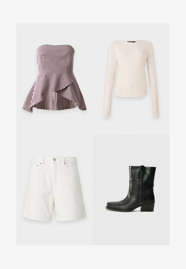 Trägerloses Peplum-Oberteil in dunklem Rot und cremefarbenen Streifen, mit einem taillierten Oberteil und einem ausgestellten, mehrlagigen Saum für zusätzlichen Textur.; Langärmliges, hellbeiges Oberteil mit rundem Ausschnitt. Aus weichem Stoff gefertigt, verfügt es über eine zentrale Naht und einen leicht geschwungenen Saum. Keine sichtbaren Beschläge.; Weiße Jeansshorts mit geradem Schnitt, Fünf-Taschen-Design, vorderem Knopfverschluss, silberner Hardware und genähten Details.; Schwarze Leder-Ankle Boots mit runder Zehenform, Blockabsatz, seitlichem Reißverschluss und gestickten Akzenten auf dem Blatt. Glatte Textur, klassisches Design.