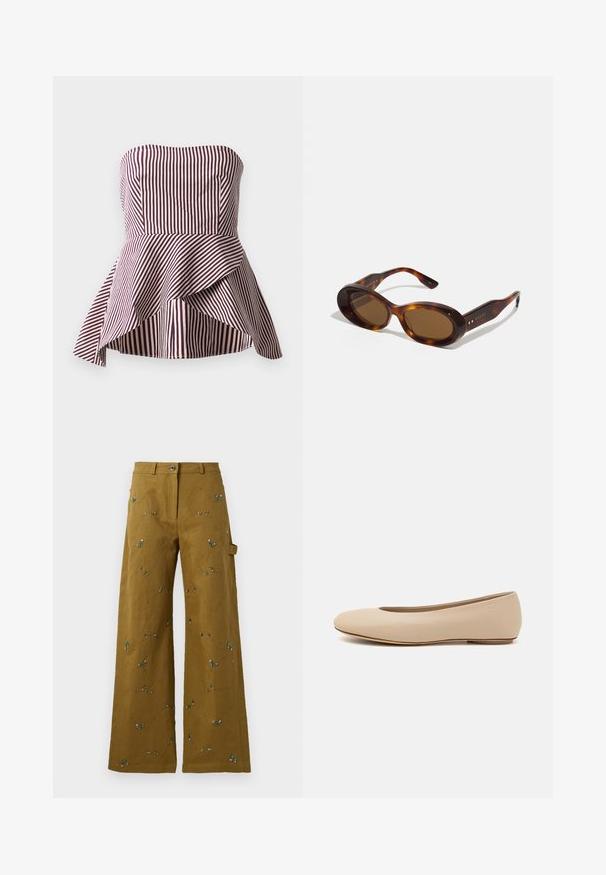 Trägerloses Peplum-Oberteil in dunklem Rot und cremefarbenen Streifen, mit einem taillierten Oberteil und einem ausgestellten, mehrlagigen Saum für zusätzlichen Textur.; Weite Hosen aus olivgrünem Stoff mit floralen Stickereien. Besitzt einen Knopfverschluss und eine Seitentasche. Texturiertes Nähdetail im gesamten Bereich.; Beige Leder-Ballerina mit runder Zehenform, minimaler Nahtgestaltung, niedrigem Absatz und dezentem Logo auf der Rückseite. Glatte, matten Oberfläche.; Schildpatt-Sonnenbrille mit ovalen Gläsern, braunem Farbton und goldenen Akzenten an den Bügeln. Dicke Rahmen mit glänzender Oberfläche und glatter Textur.