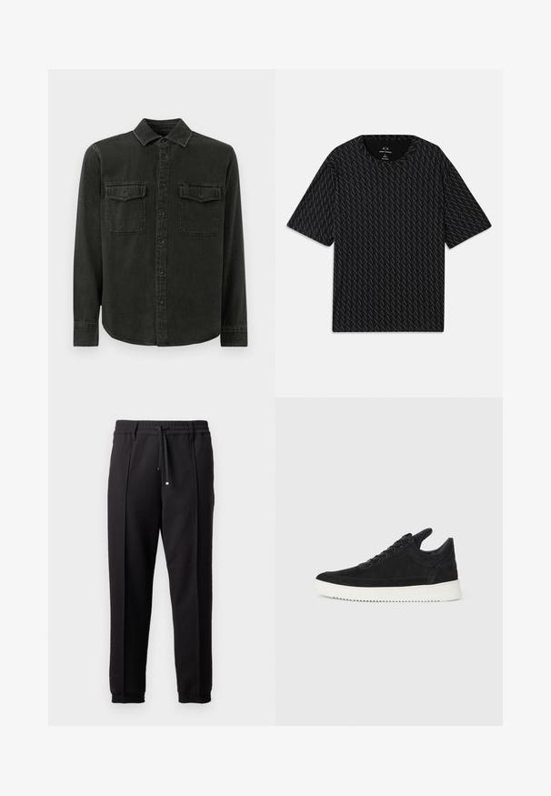 Camicia verde scuro con bottoni, realizzata in tessuto morbido, caratterizzata da un colletto, due tasche sul petto, maniche lunghe e un orlo dritto.; T-shirt nera con un motivo testurizzato di loghi 'A' alternati, maniche corte e scollo rotondo. Realizzata in tessuto leggero.; Pantaloni neri con cintura, cordoncino e polsini elasticizzati. Presentano pieghe e un tessuto liscio e strutturato.; Sneaker in suede nero con suola in gomma bianca, caratterizzato da cuciture tonali e design con lacci. Texture liscia con una forma moderna e aerodinamica.