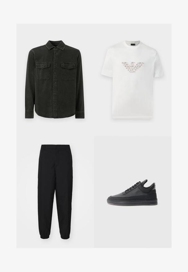 Camisa verde oscura de botones hecha de un tejido suave, con cuello, dos bolsillos en el pecho, mangas largas y un dobladillo recto.; Camiseta de algodón blanca de manga corta con cuello redondo. Presenta un diseño de logo central en tonos rosa y marrón.; Pantalones negros ligeros con un acabado texturizado, puños elásticos y un corte relajado. Presenta una cinturilla suave y detalles de costura sutiles.; Zapatillas de cuero negro con una superficie texturizada, diseño de cordones, parte superior baja y una suela de goma gris con un borde estriado.