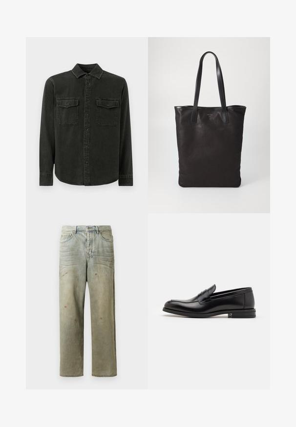 Cămașă închisă la culoare, de tip button-up, confecționată dintr-un material moale, având guler, două buzunare pe piept, mâneci lungi și un tiv drept.; Jeans din denim uzat, de culoare verde deschis, cu un croi drept, design cu cinci buzunare, și decolorare inegală cu stropi de vopsea.; Mocasini din piele neagră cu o textură netedă, vârf rotund și o curea decorativă peste partea superioară. Toc mic, design minimalist.; Geantă de umăr din pânză neagră cu mânere din piele neagră. Design simplu, corp spațios și textură netedă. Fără logo-uri sau modele vizibile.